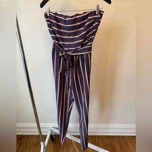 Express Navy Striped Strapless Tie-Waist Jumpsuit
